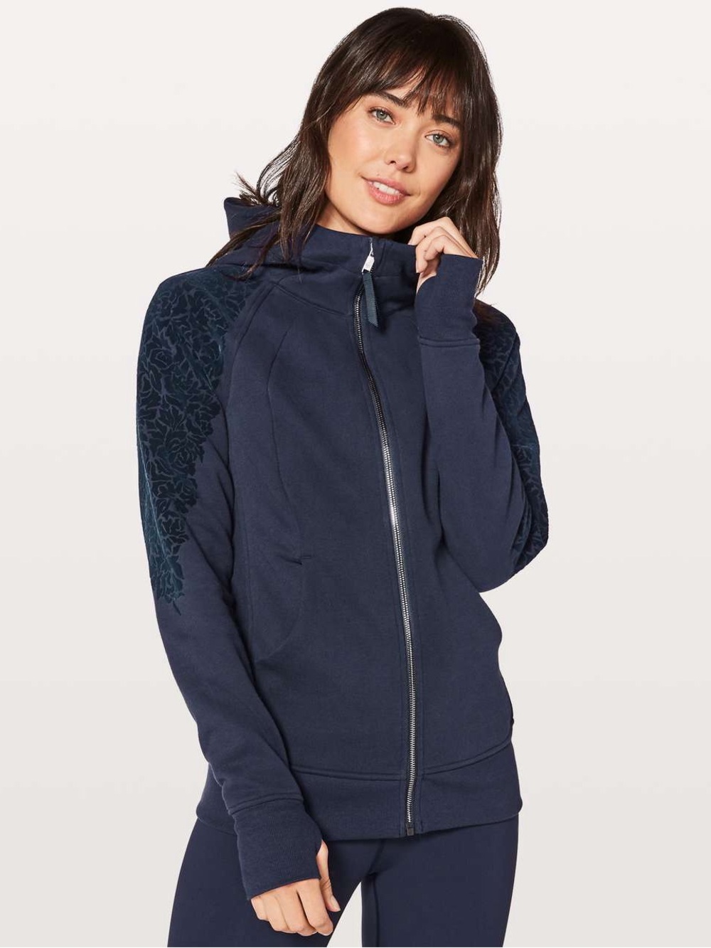Lululemon Scuba Hoodie Light Cotton Fleece Midnight Navy Size 8 Floral Athletic